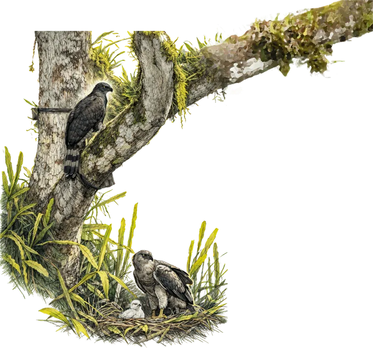 Águila crestada adulta y pollo en el nido