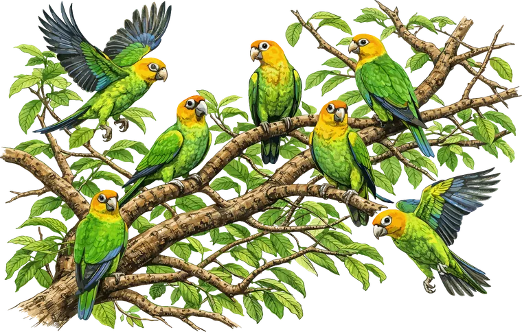 Bandada de loritos cariamarillos posados y en vuelo