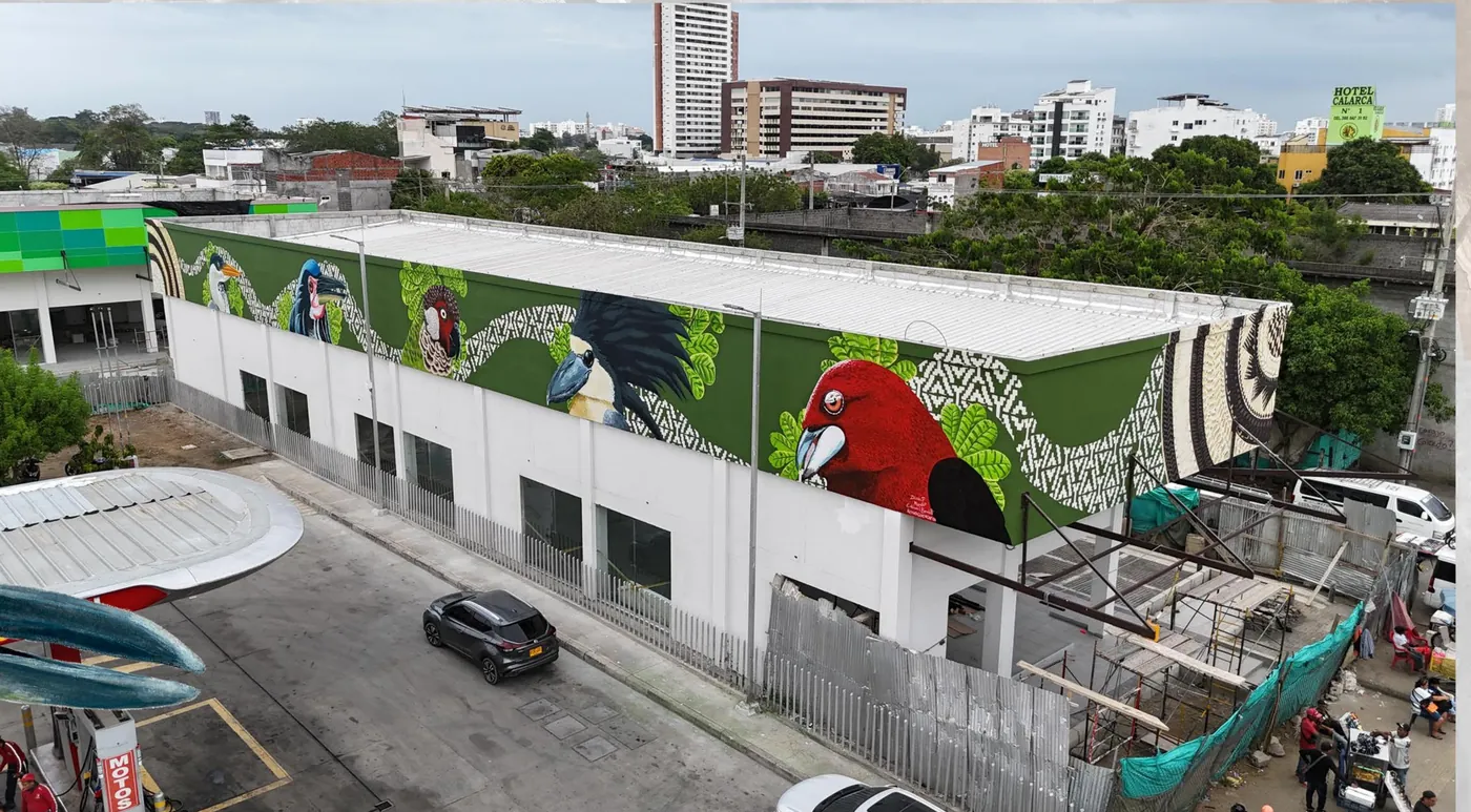 Mural Río Tejido en Plumas sobre la fachada de un edificio en la calle 41 de Montería